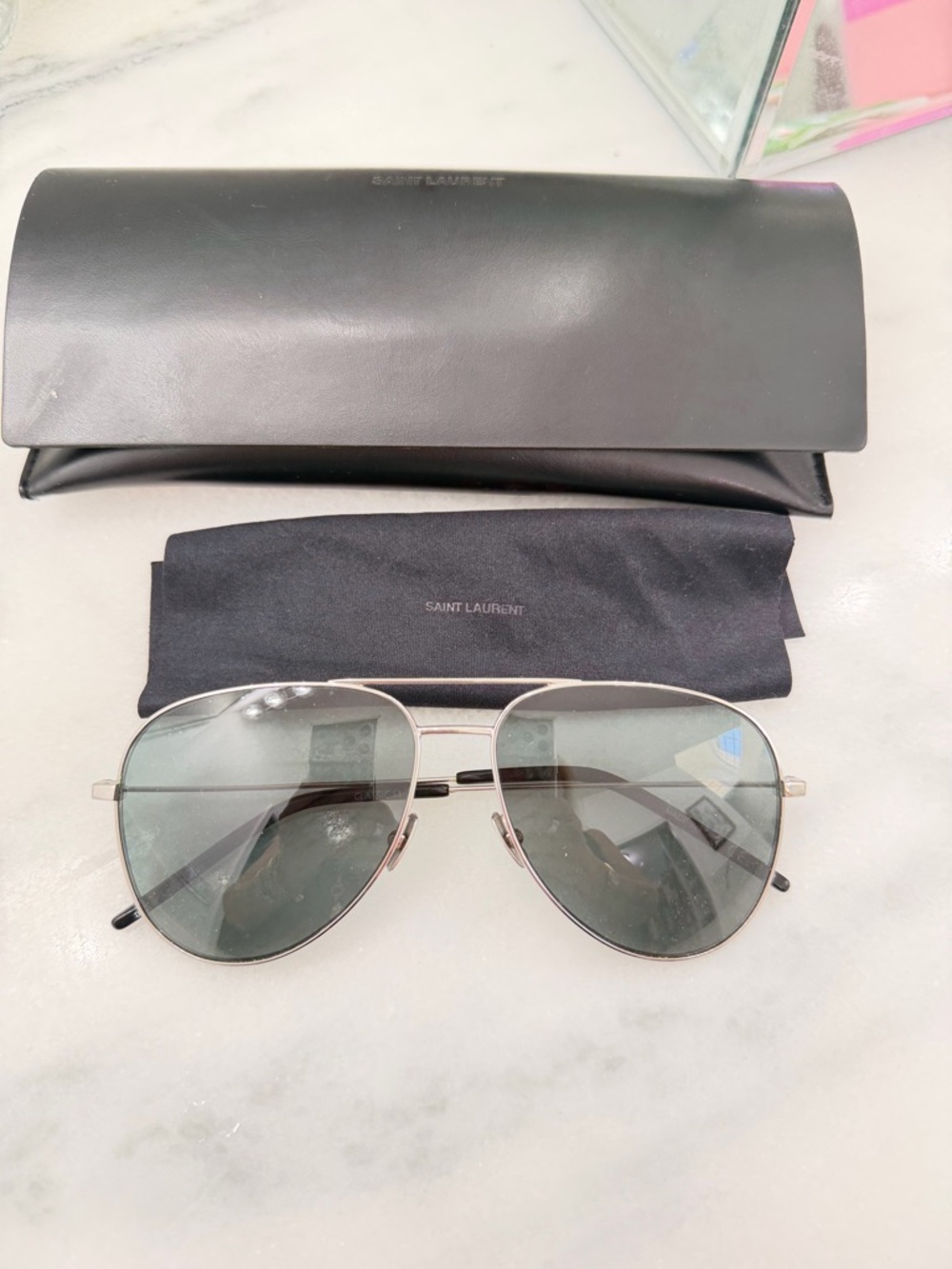 Saint Laurent Silver Aviator Sunglasses with Green Lenses